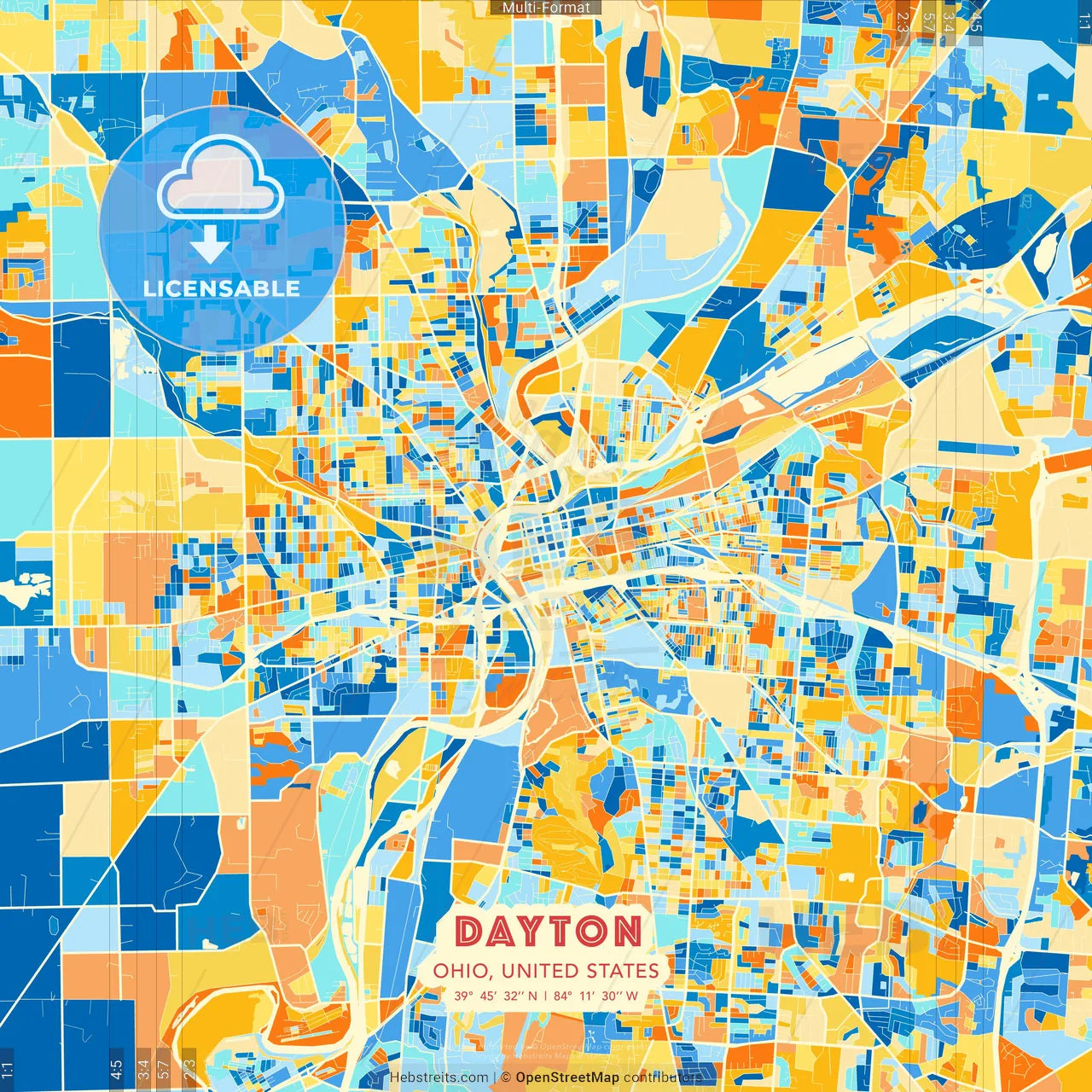 Dayton, Ohio, United States blue and orange vector art map template