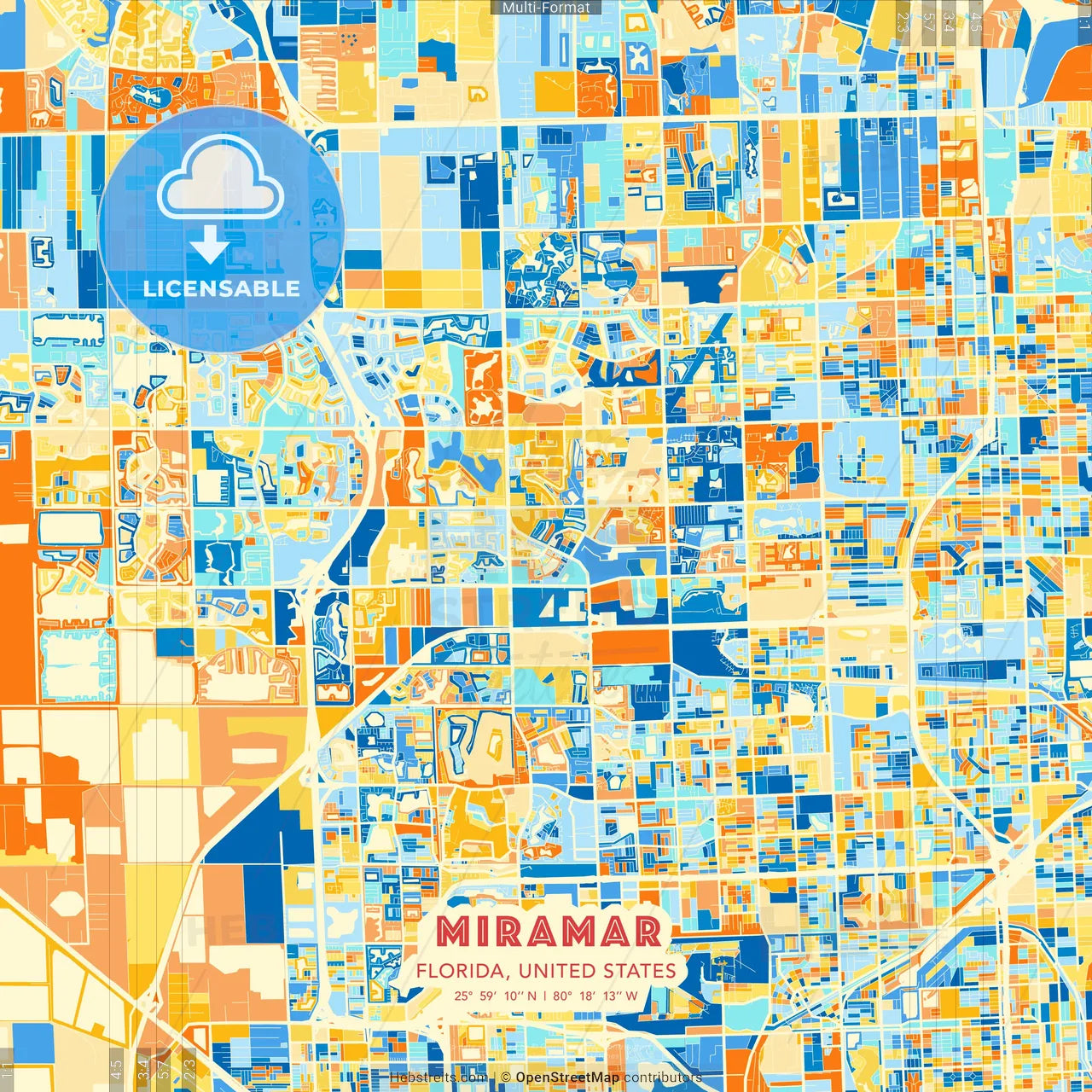 Miramar, Florida, United States blue and orange vector art map template