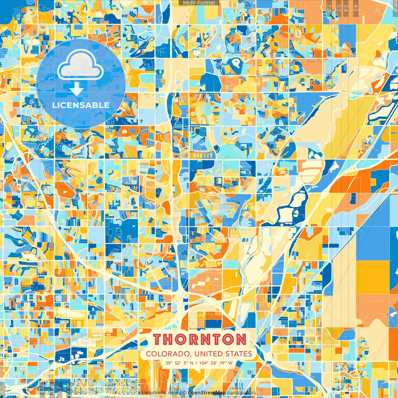 Thornton, Colorado, United States blue and orange vector art map template