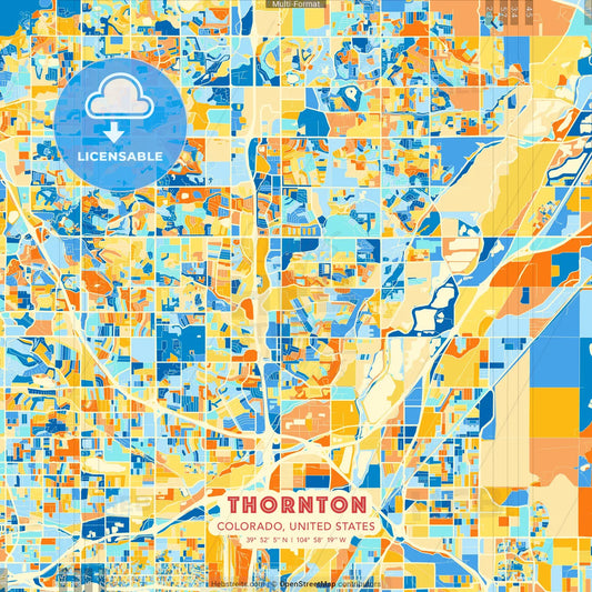 Thornton, Colorado, United States blue and orange vector art map template