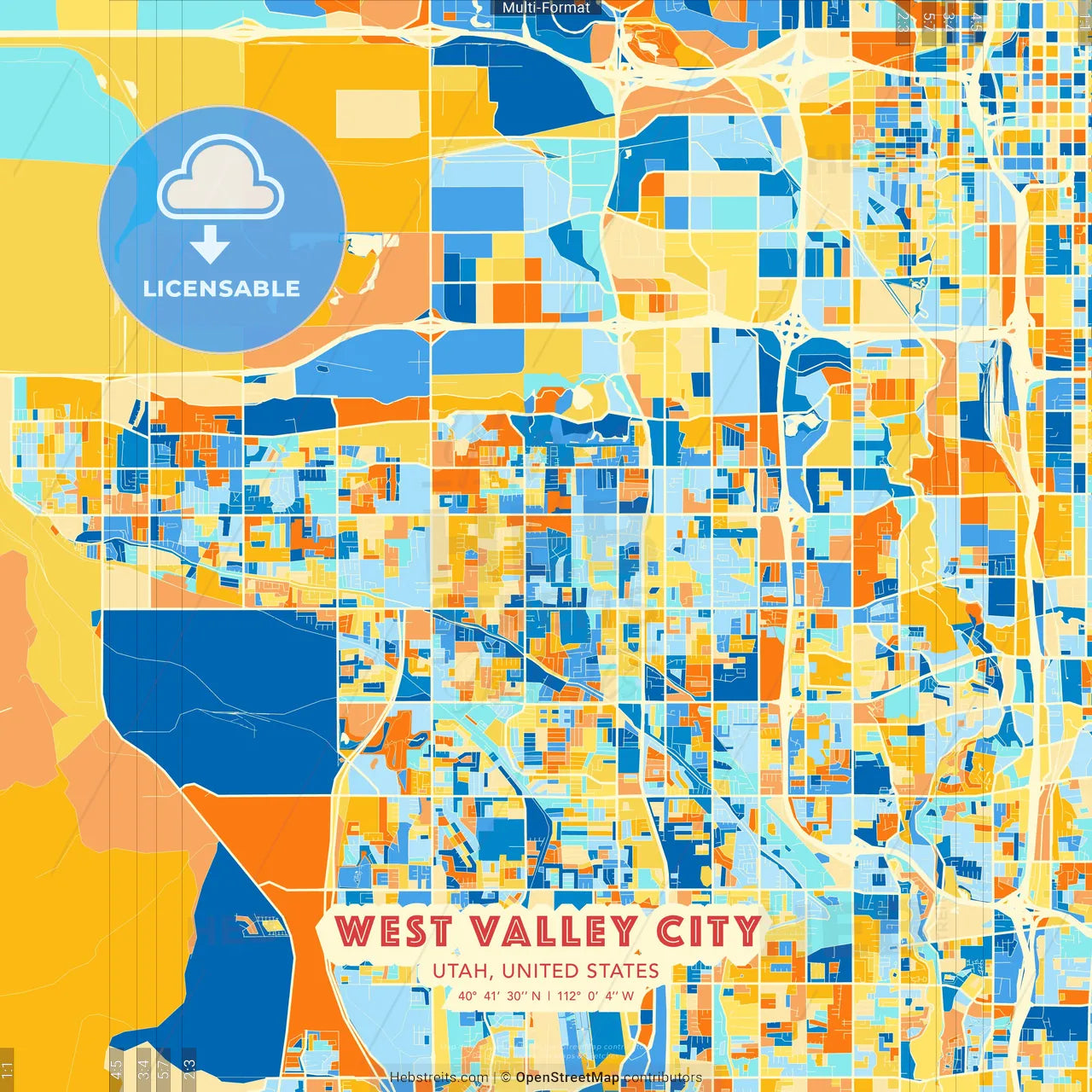 West Valley City, Utah, United States blue and orange vector art map template