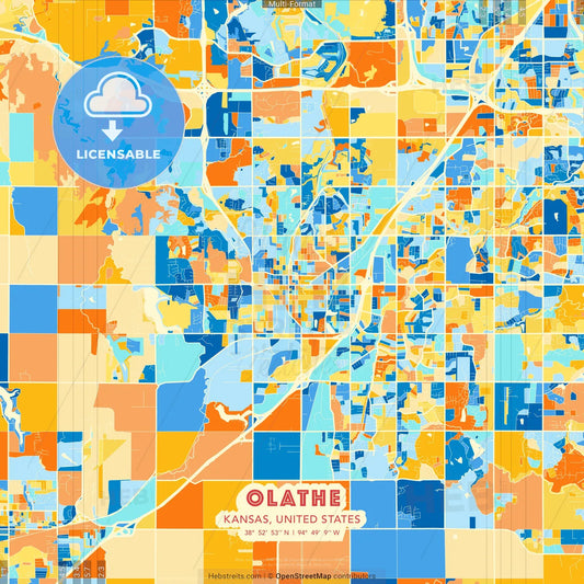 Olathe, Kansas, United States blue and orange vector art map template