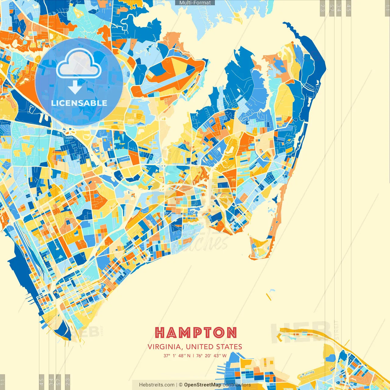 Hampton, Virginia, United States blue and orange vector art map template