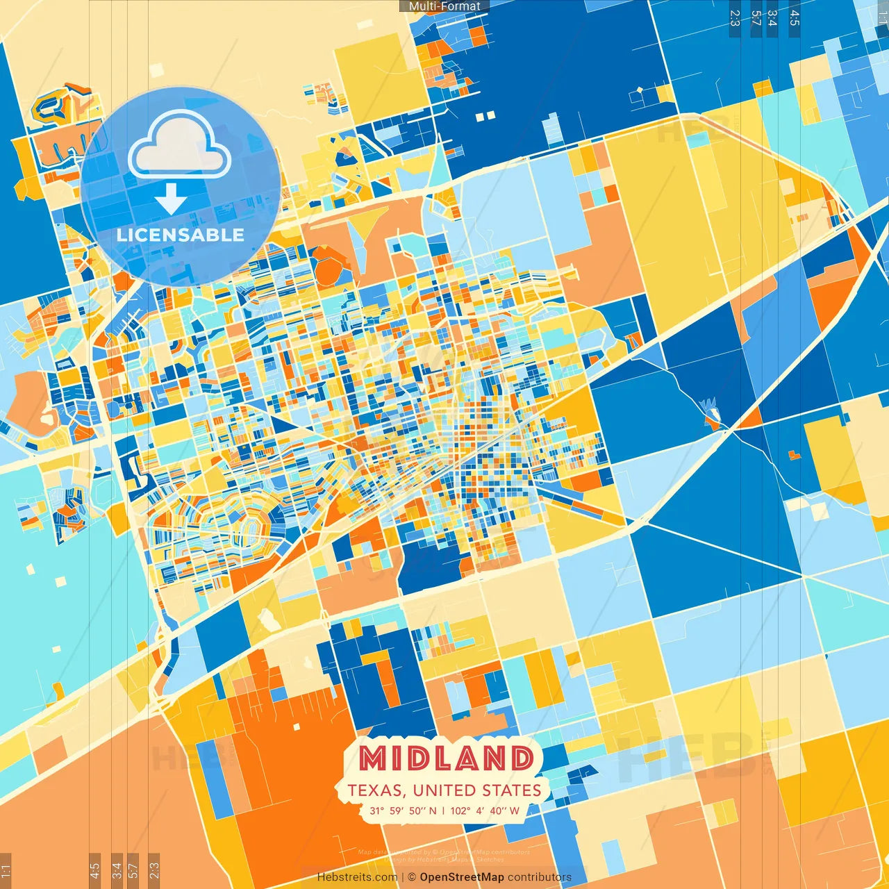 Midland, Texas, United States blue and orange vector art map template