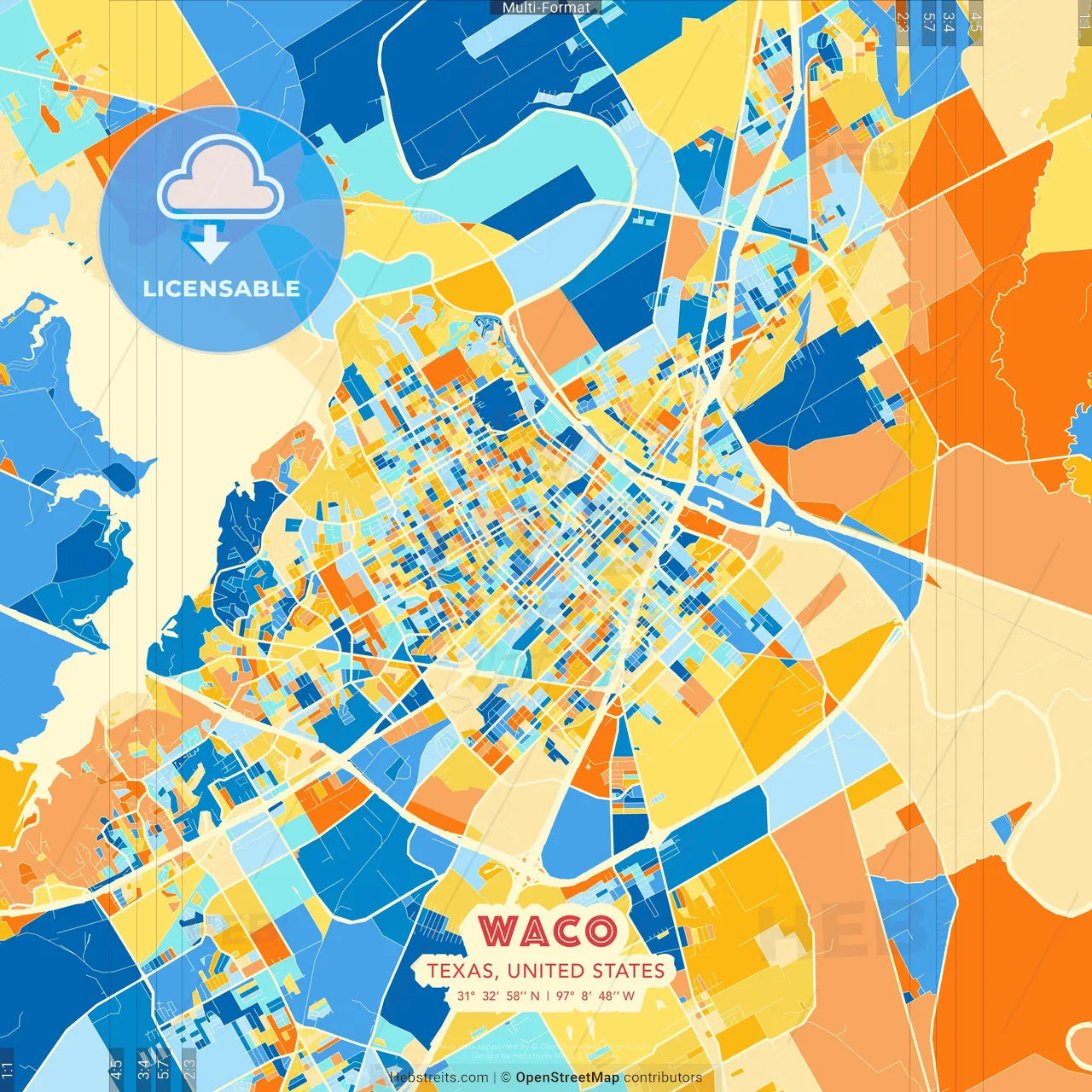 Waco, Texas, United States blue and orange vector art map template