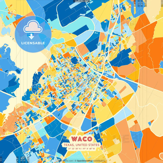 Waco, Texas, United States blue and orange vector art map template