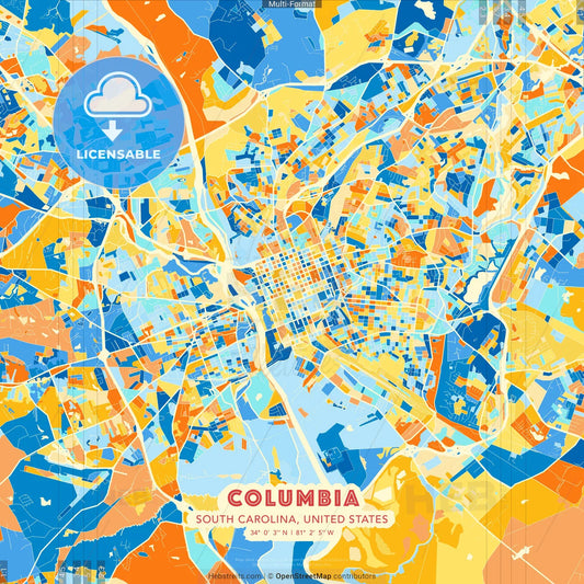 Columbia, South Carolina, United States blue and orange vector art map template