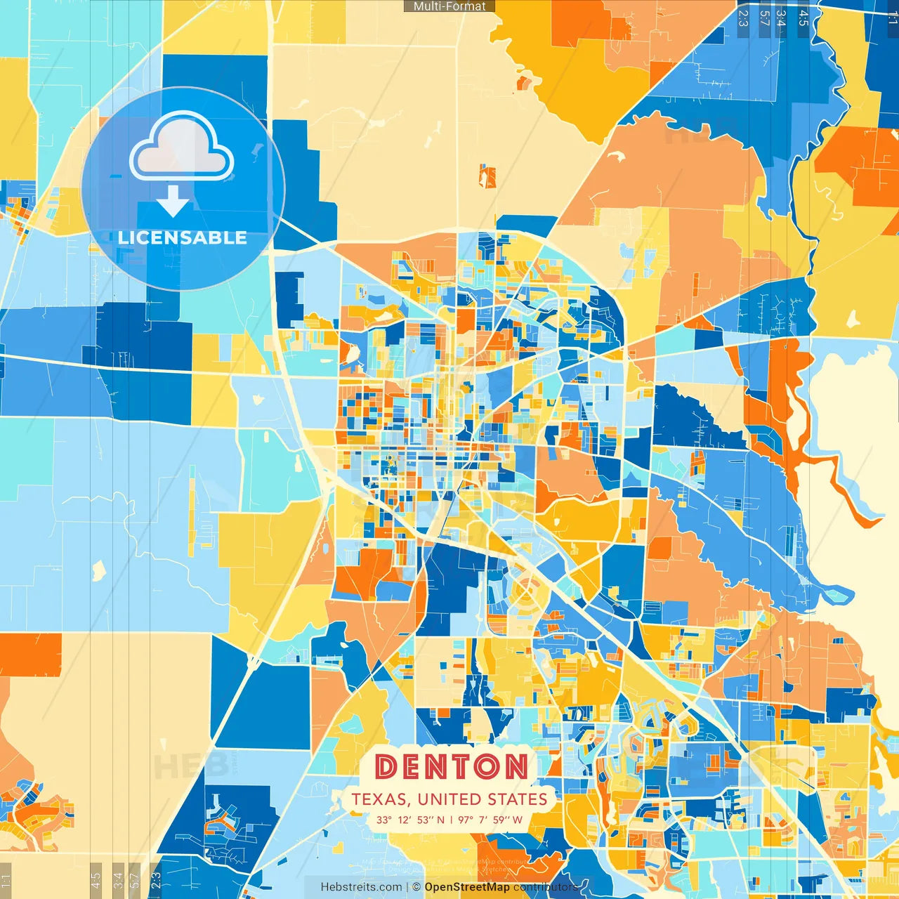 Denton, Texas, United States blue and orange vector art map template