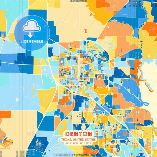 Denton, Texas, United States blue and orange vector art map template