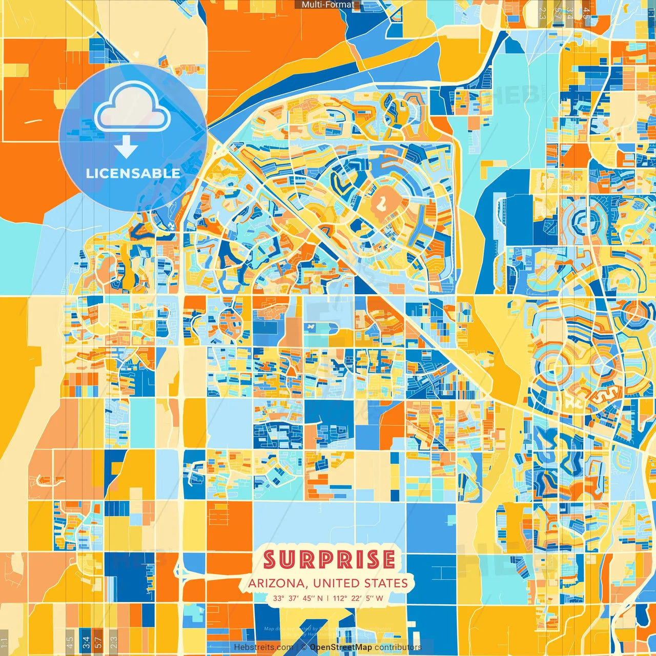 Surprise, Arizona, United States blue and orange vector art map template