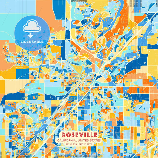 Roseville, California, United States blue and orange vector art map template