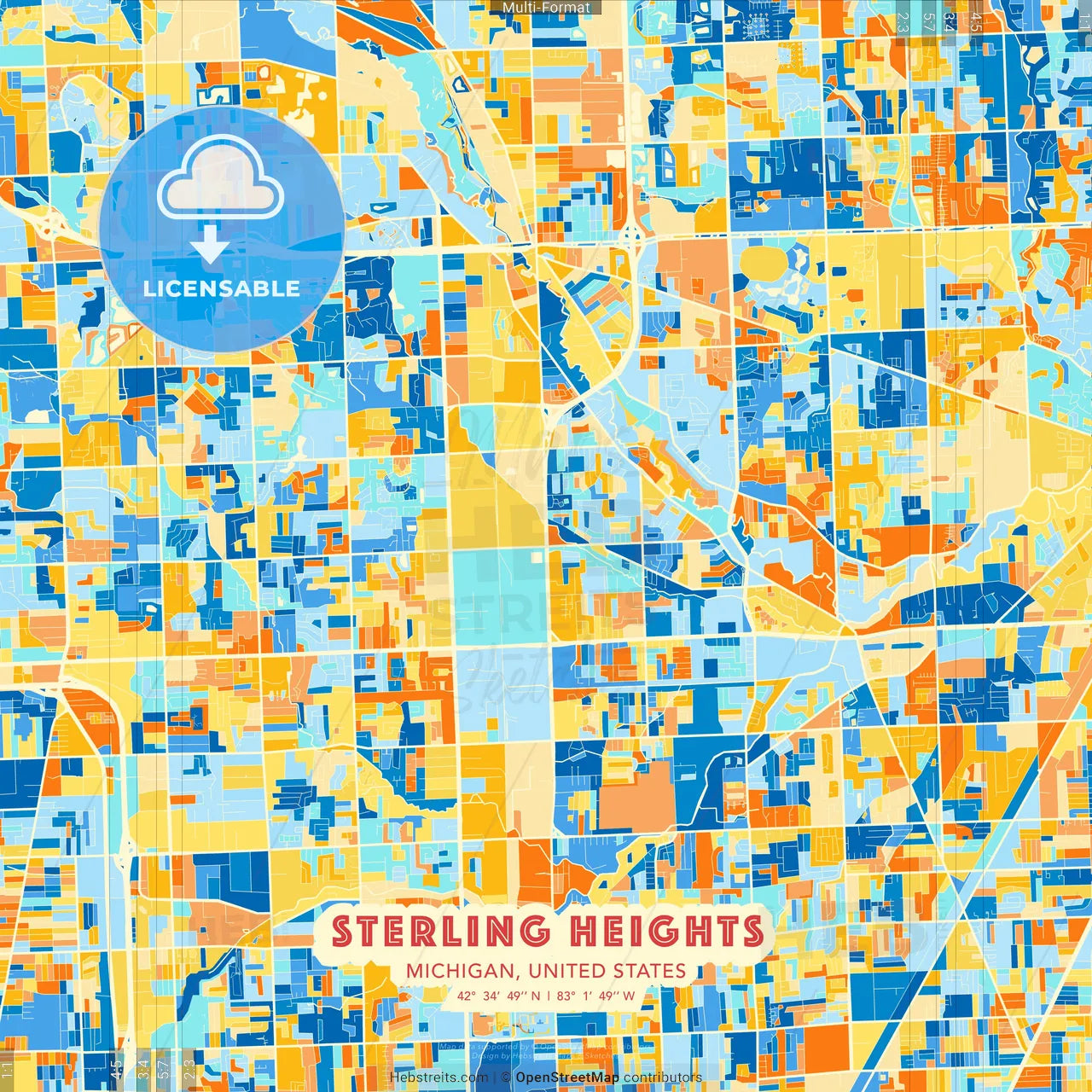 Sterling Heights, Michigan, United States blue and orange vector art map template