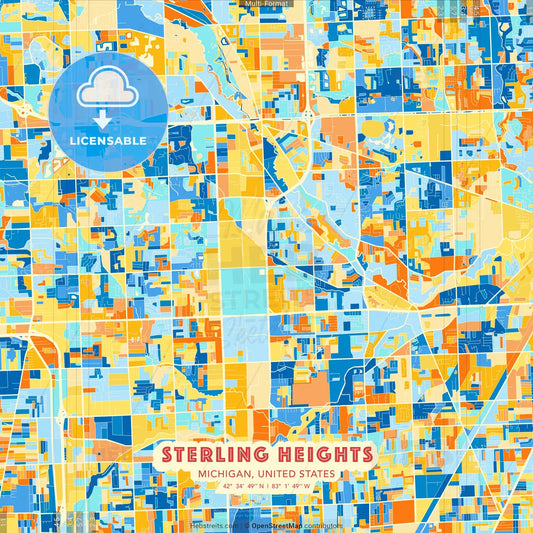 Sterling Heights, Michigan, United States blue and orange vector art map template