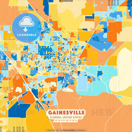 Gainesville, Florida, United States blue and orange vector art map template