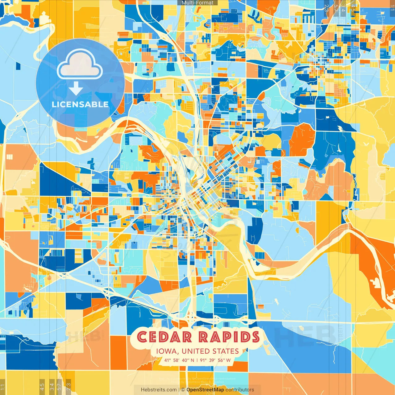 Cedar Rapids, Iowa, United States blue and orange vector art map template