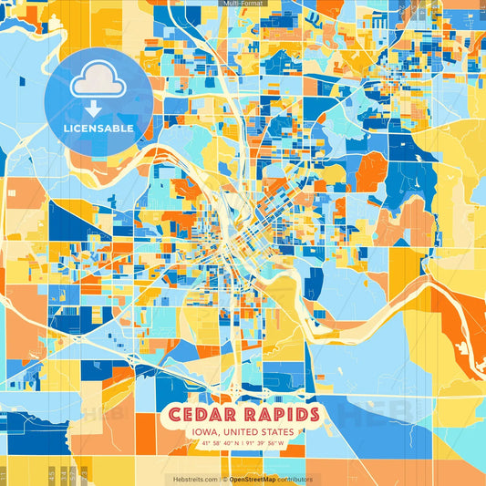 Cedar Rapids, Iowa, United States blue and orange vector art map template