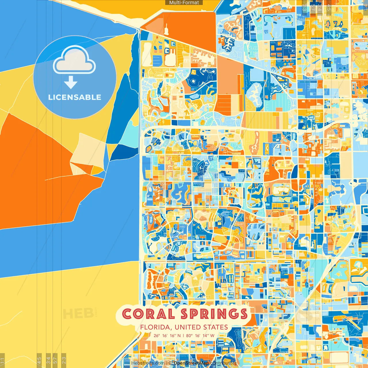 Coral Springs, Florida, United States blue and orange vector art map template