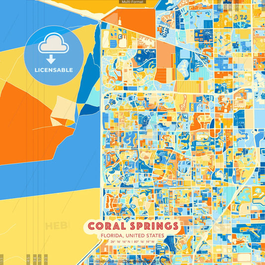 Coral Springs, Florida, United States blue and orange vector art map template