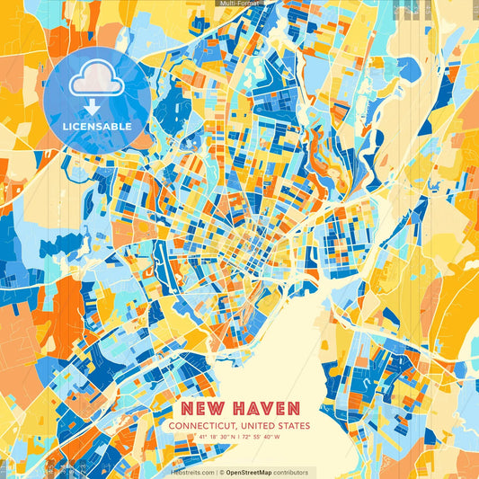 New Haven, Connecticut, United States blue and orange vector art map template