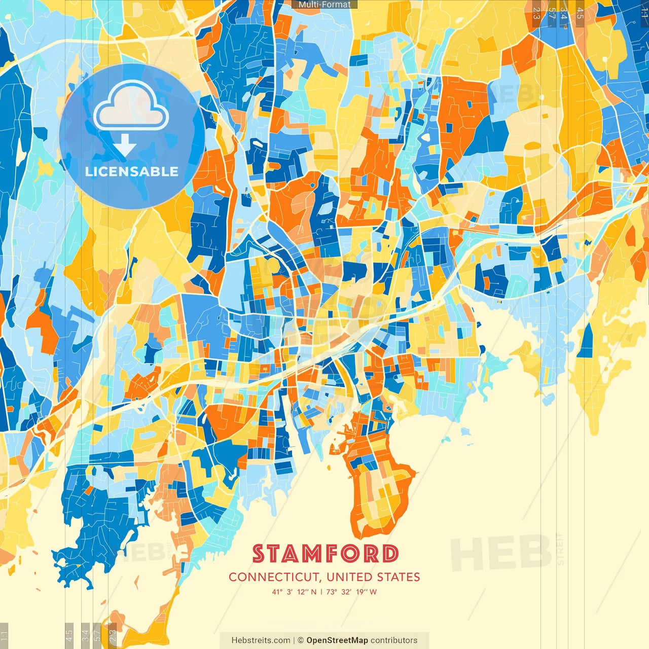 Stamford, Connecticut, United States blue and orange vector art map template