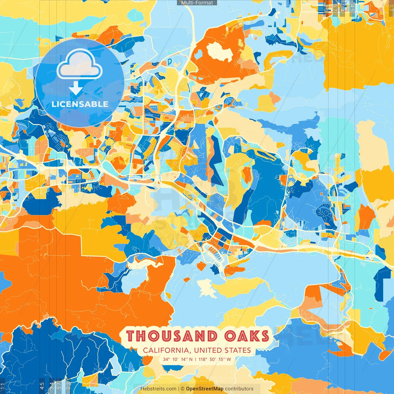Thousand Oaks, California, United States blue and orange vector art map template