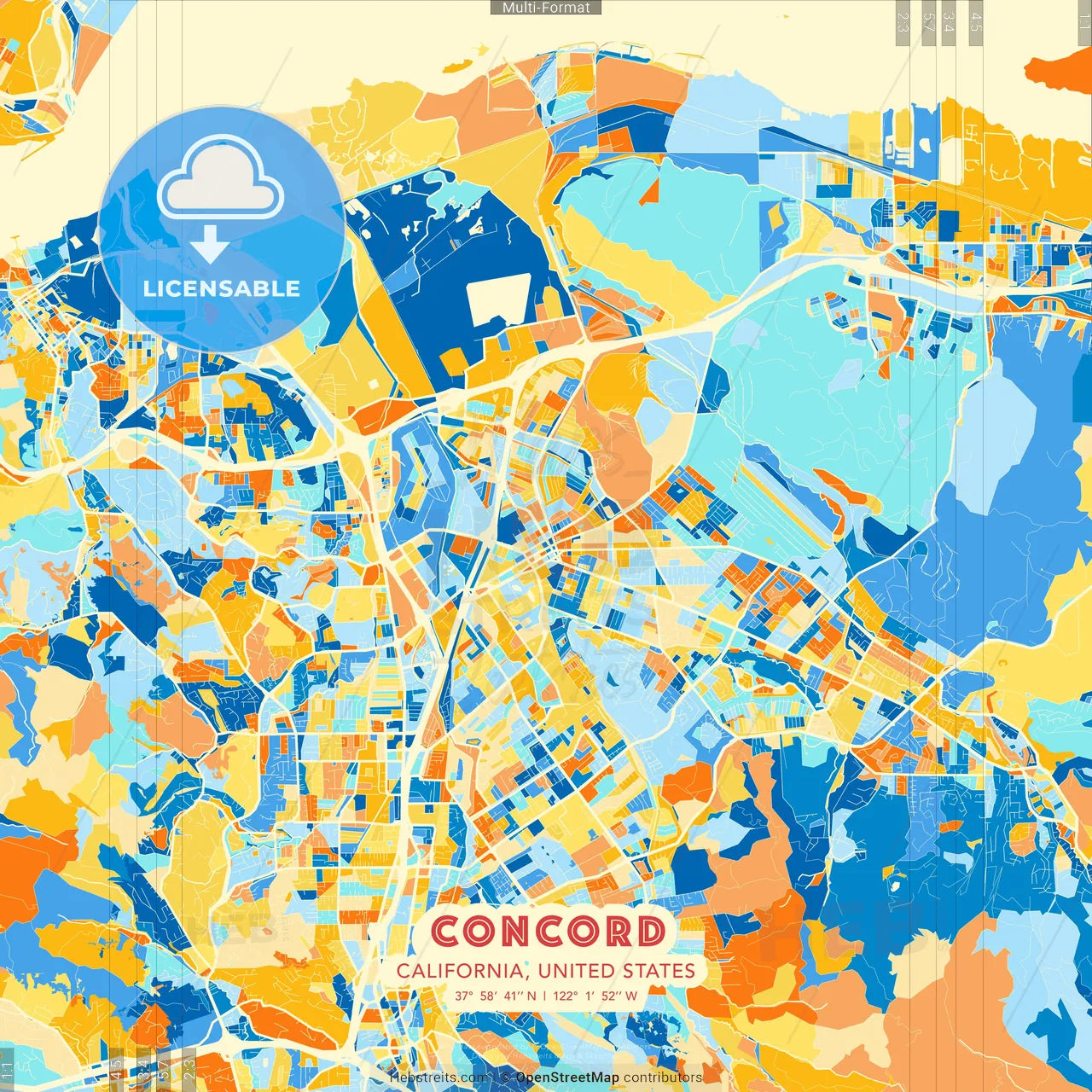 Concord, California, United States blue and orange vector art map template