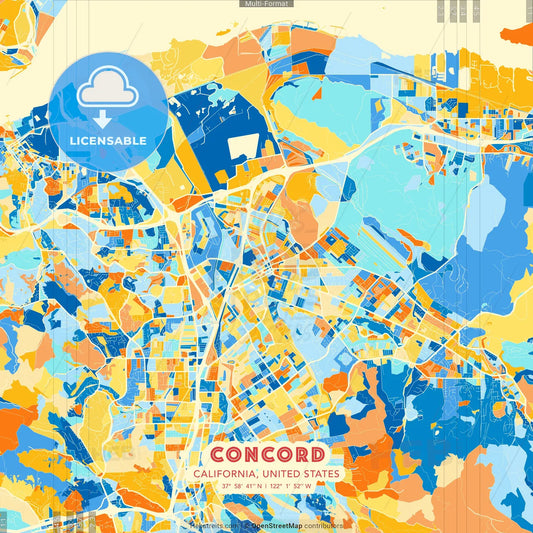 Concord, California, United States blue and orange vector art map template