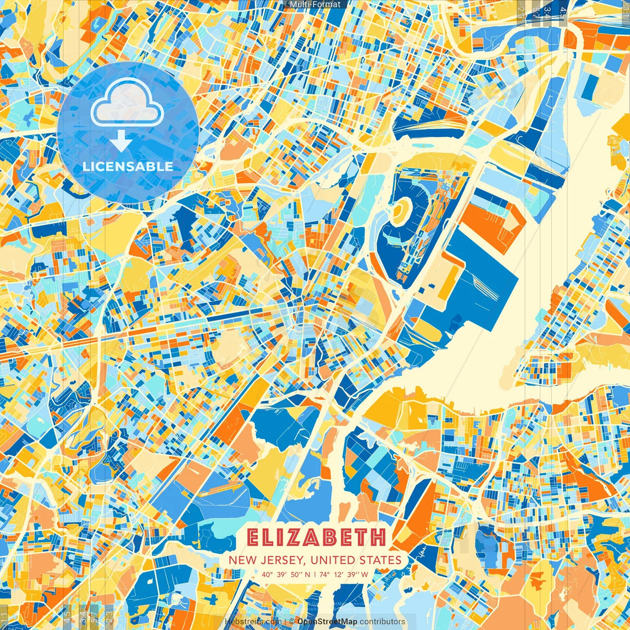 Elizabeth, New Jersey, United States blue and orange vector art map template