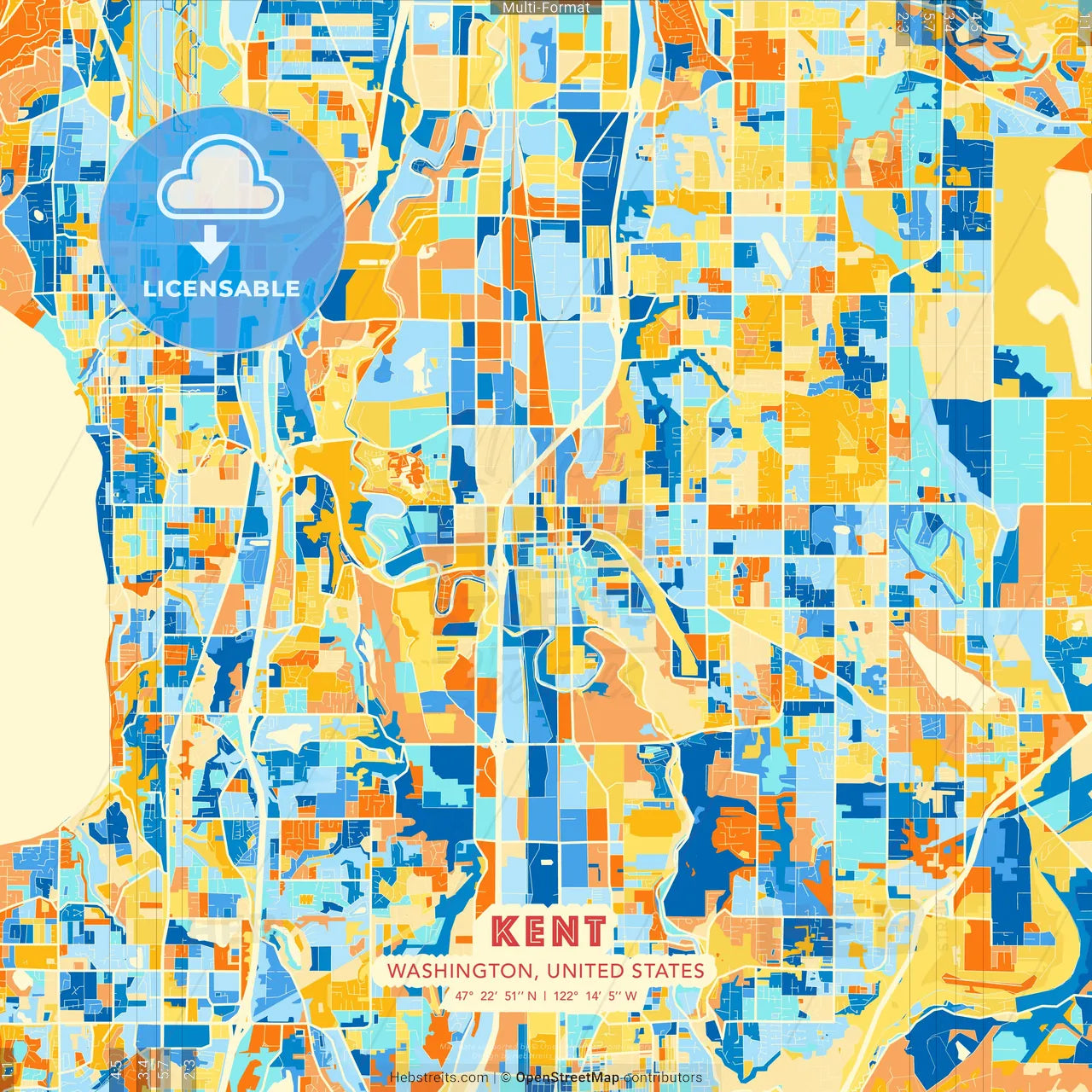Kent, Washington, United States blue and orange vector art map template