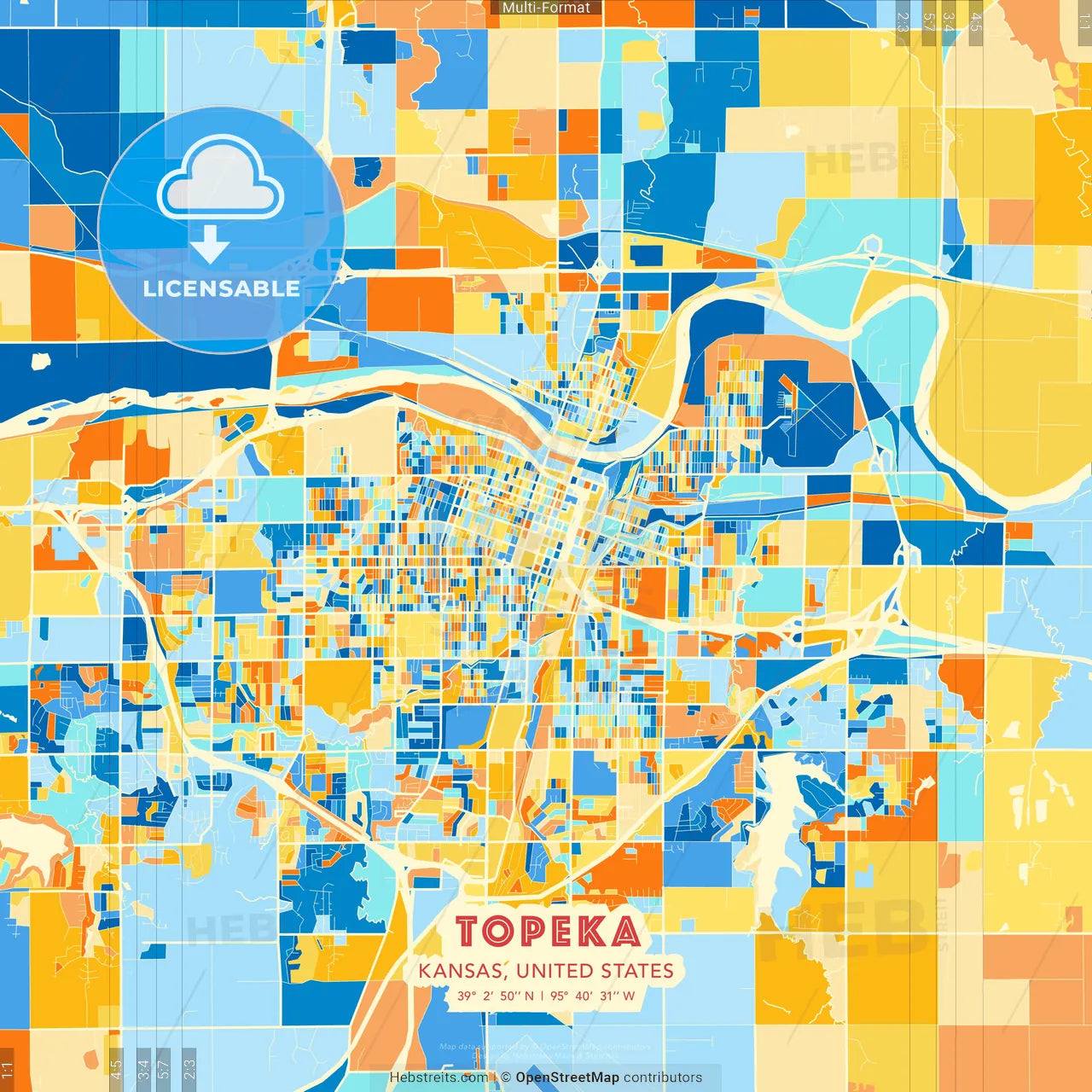 Topeka, Kansas, United States blue and orange vector art map template