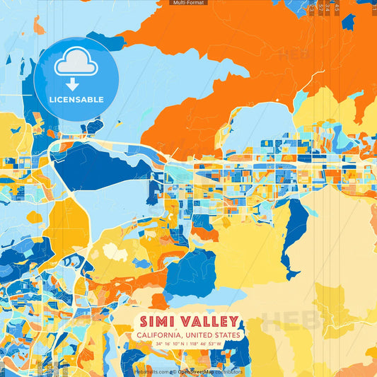Simi Valley, California, United States blue and orange vector art map template