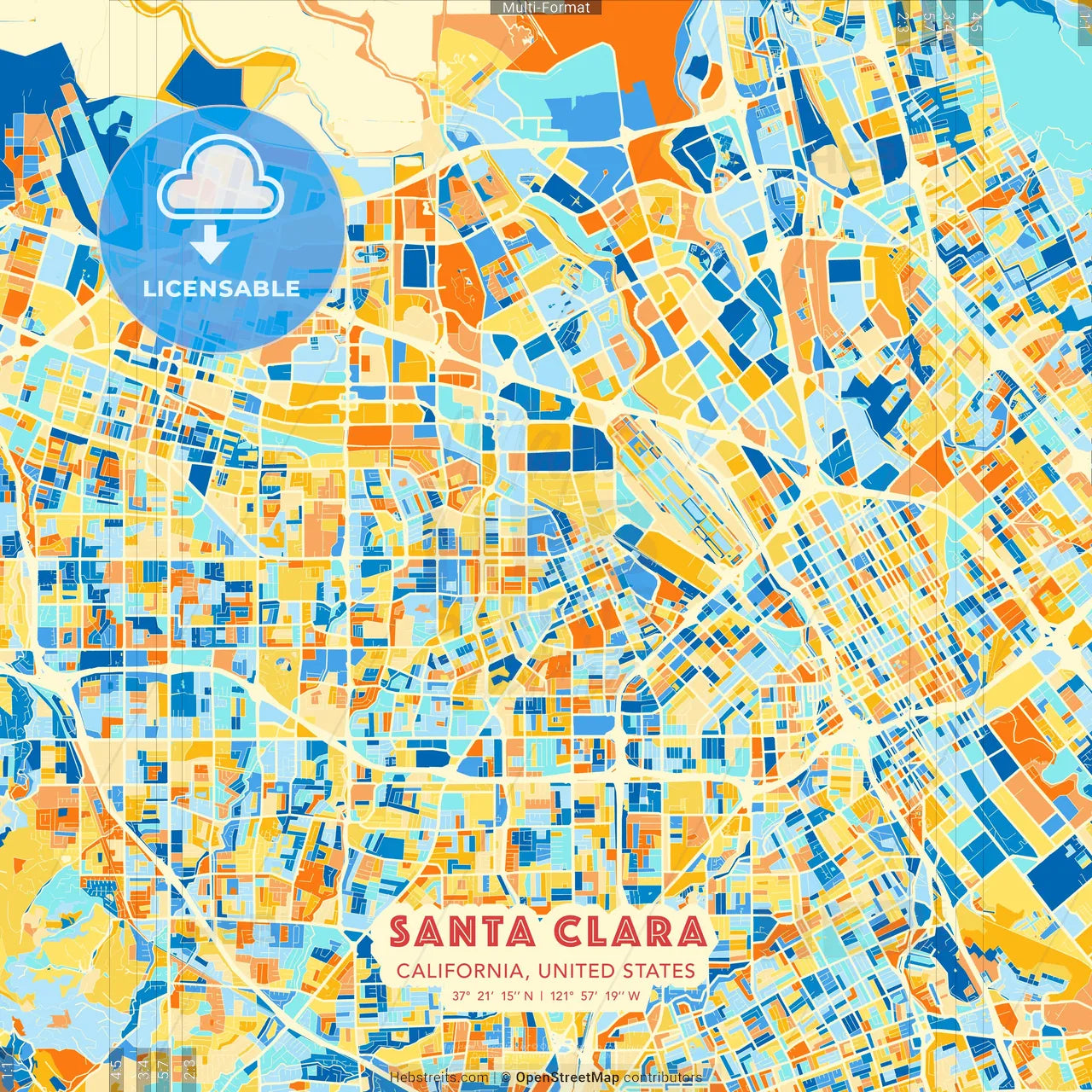 Santa Clara, California, United States blue and orange vector art map template