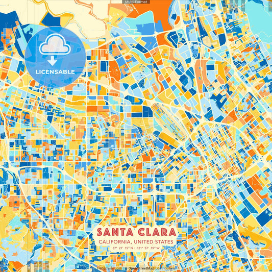 Santa Clara, California, United States blue and orange vector art map template