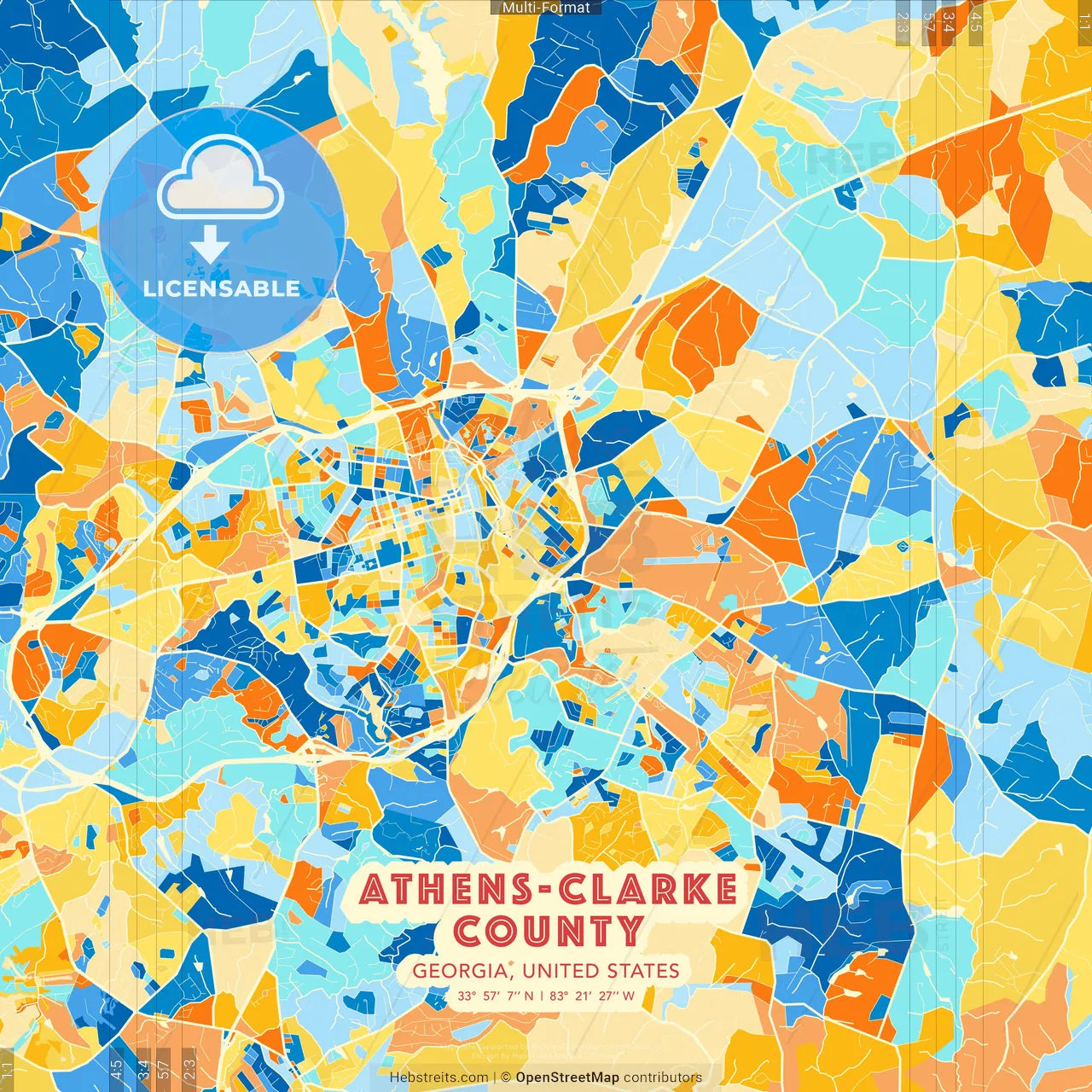 Athens-Clarke County, Georgia, United States blue and orange vector art map template