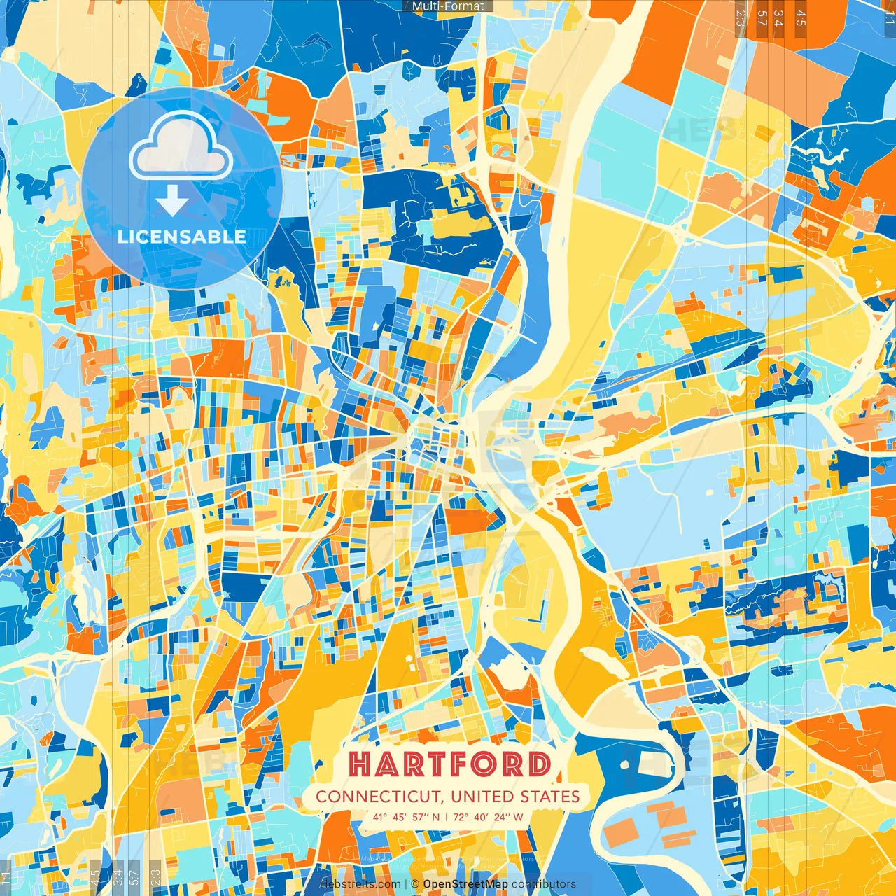 Hartford, Connecticut, United States blue and orange vector art map template