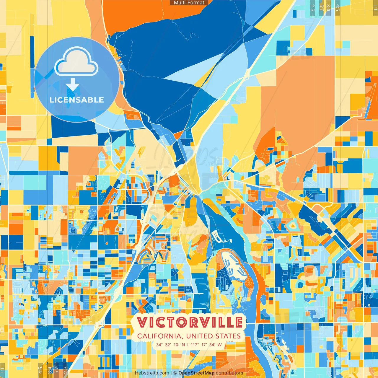 Victorville, California, United States blue and orange vector art map template