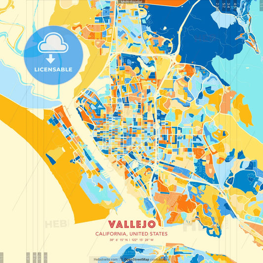 Vallejo, California, United States blue and orange vector art map template
