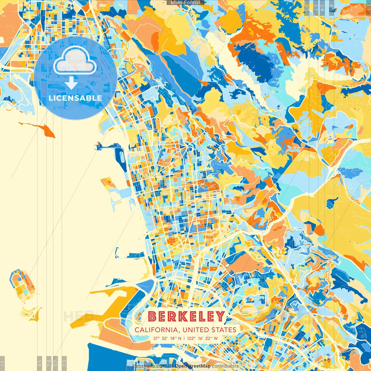 Berkeley, California, United States blue and orange vector art map template