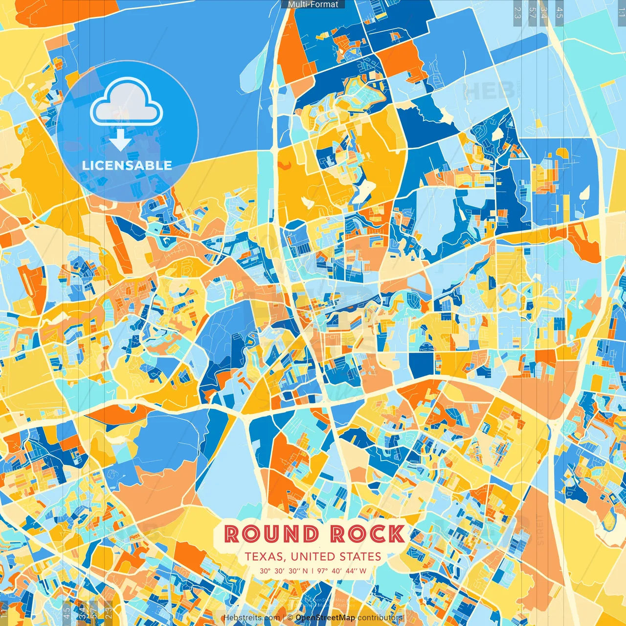 Round Rock, Texas, United States blue and orange vector art map template