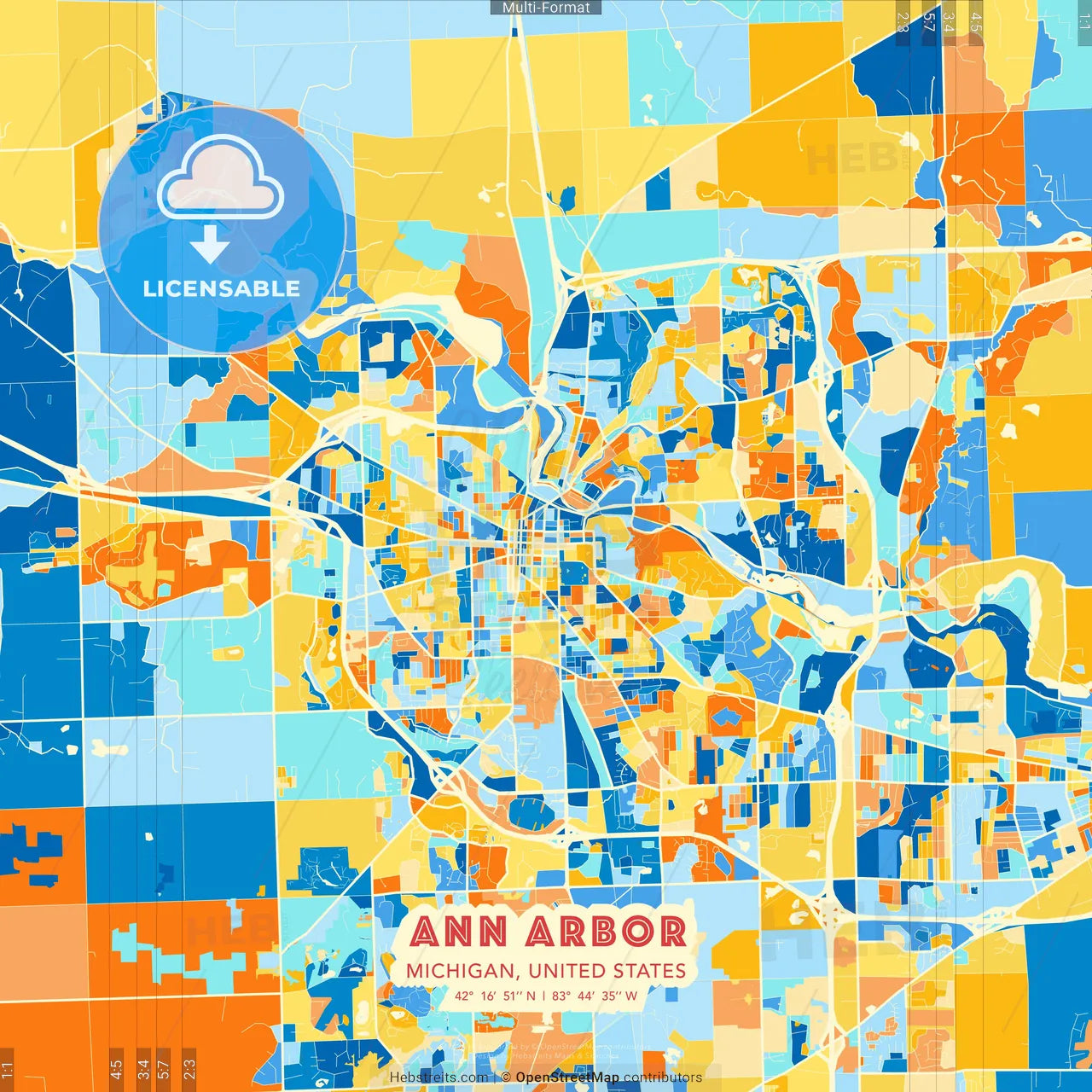 Ann Arbor, Michigan, United States blue and orange vector art map template
