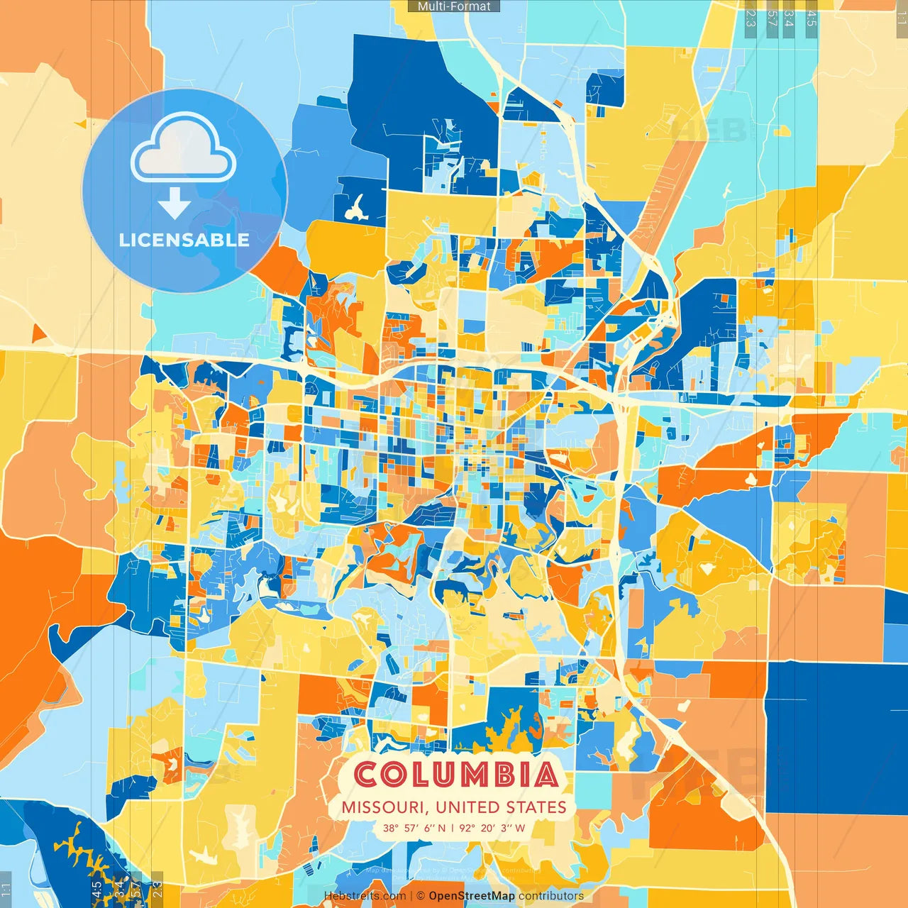 Columbia, Missouri, United States blue and orange vector art map template