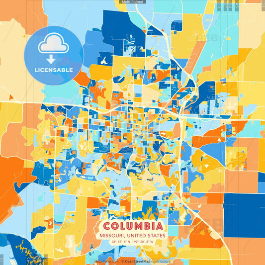 Columbia, Missouri, United States blue and orange vector art map template