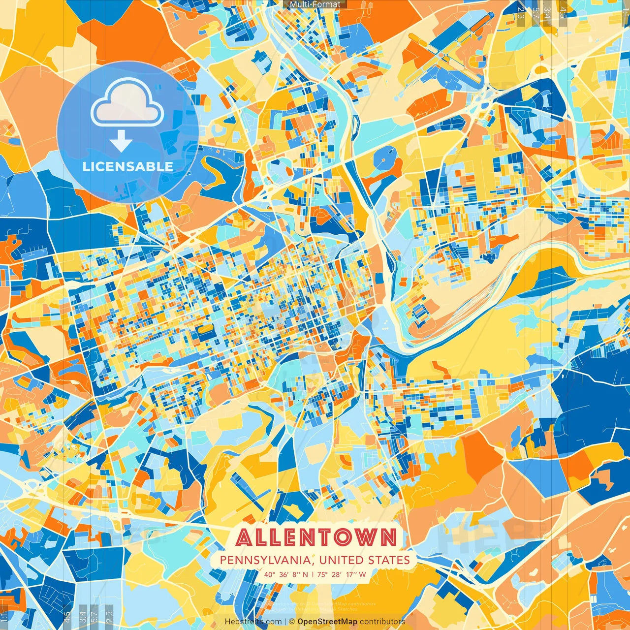 Allentown, Pennsylvania, United States blue and orange vector art map template