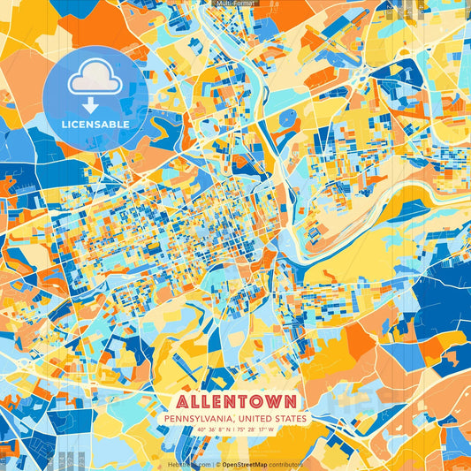 Allentown, Pennsylvania, United States blue and orange vector art map template