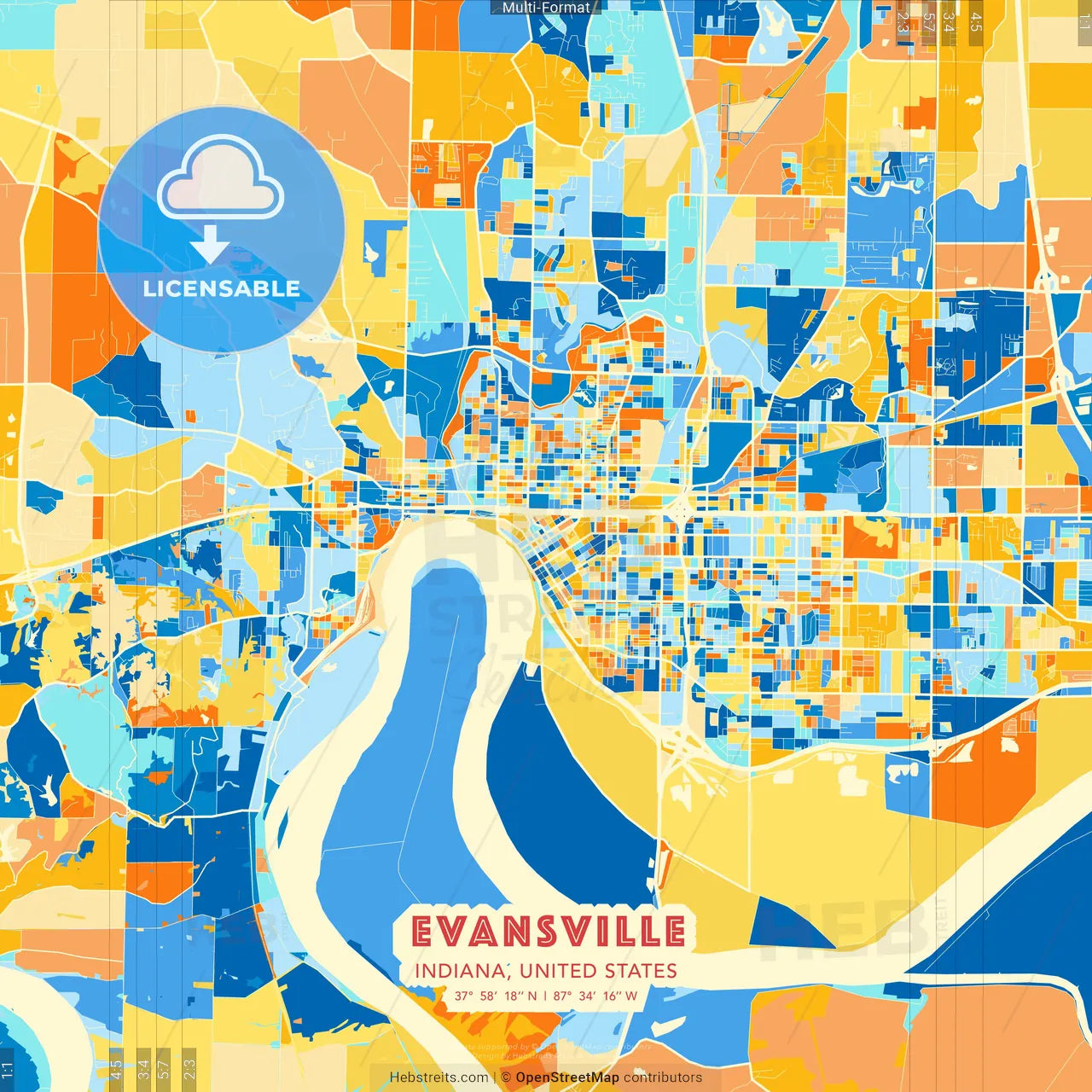 Evansville, Indiana, United States blue and orange vector art map template