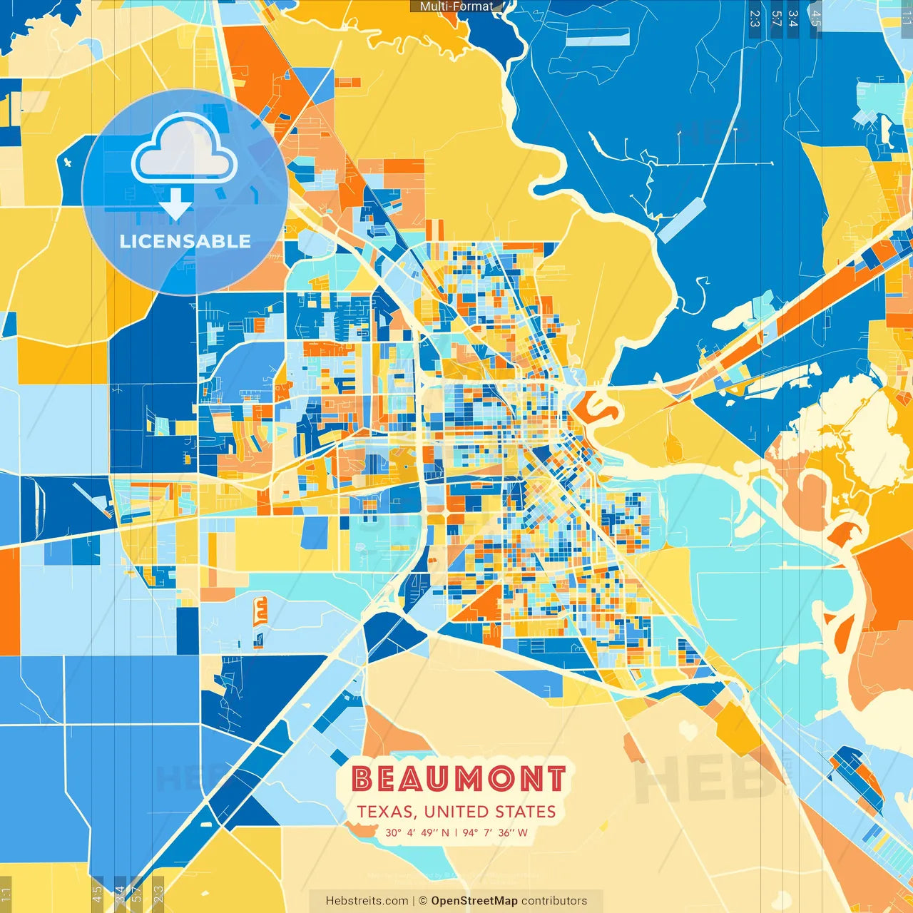 Beaumont, Texas, United States blue and orange vector art map template