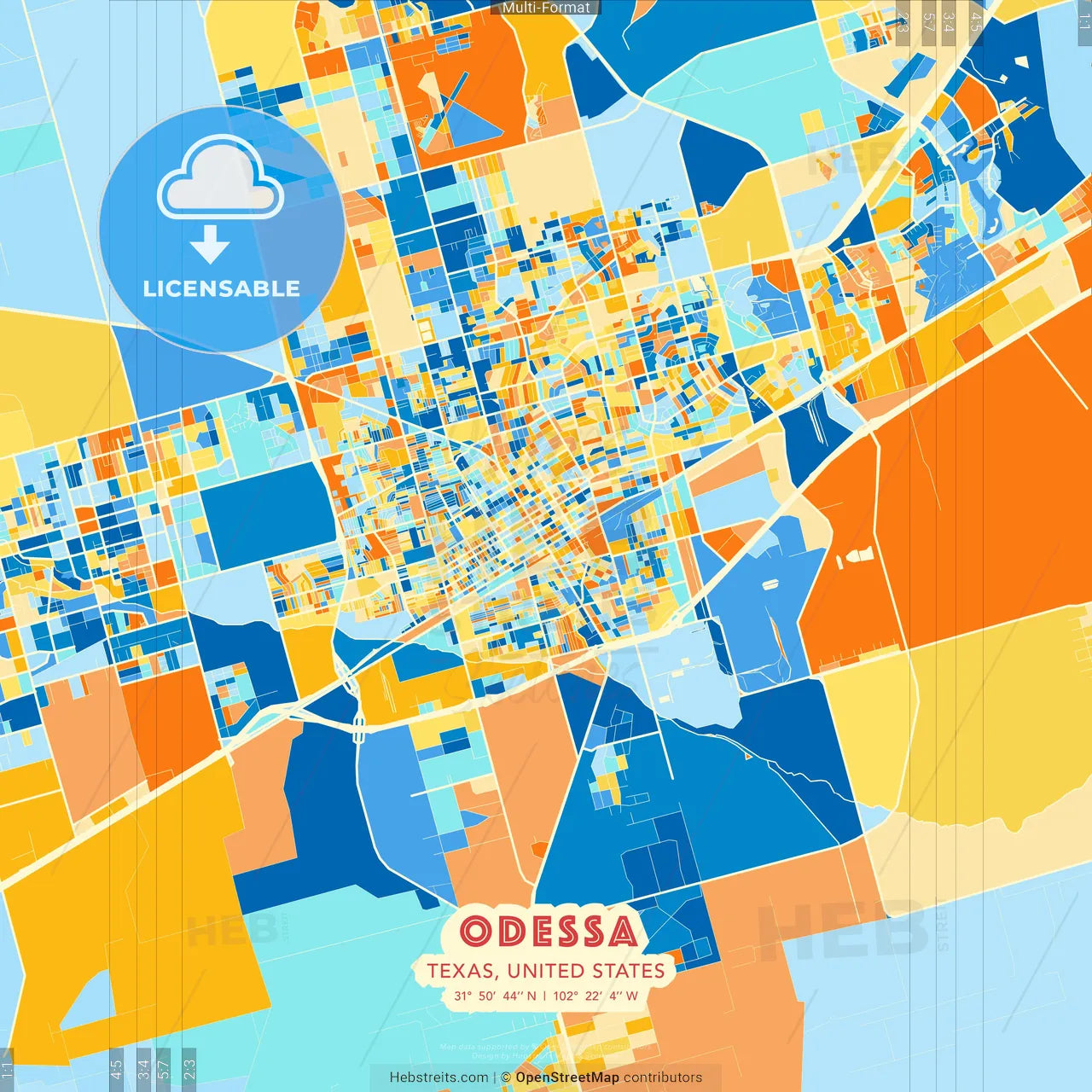 Odessa, Texas, United States blue and orange vector art map template