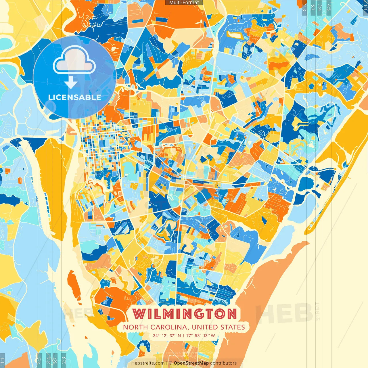 Wilmington, North Carolina, United States blue and orange vector art map template