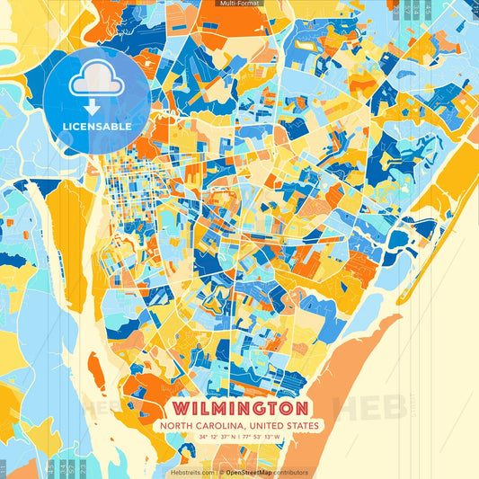 Wilmington, North Carolina, United States blue and orange vector art map template