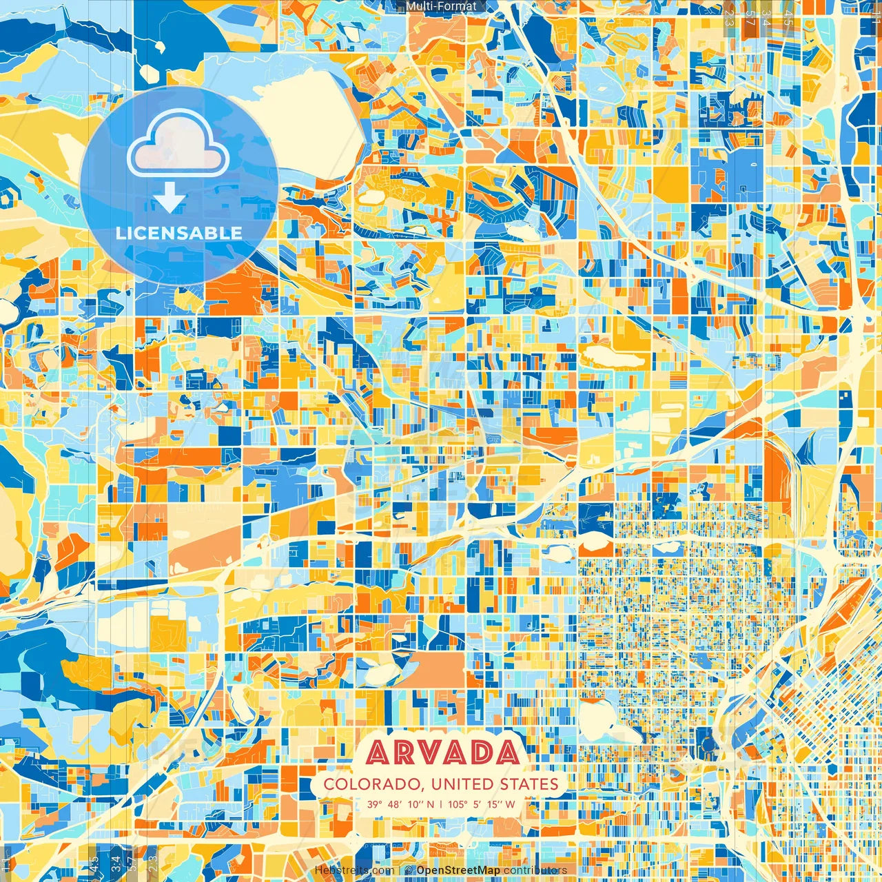 Arvada, Colorado, United States blue and orange vector art map template